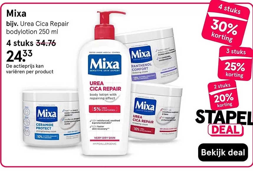 Mixa bijv. Urea Cica Repair bodylotion 250 ml 4 stuks 30% korting