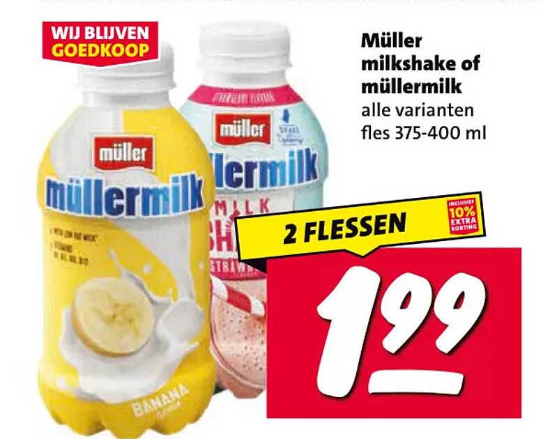Müller milkshake of müllermilk alle varianten fles 375-400 ml 2 flessen