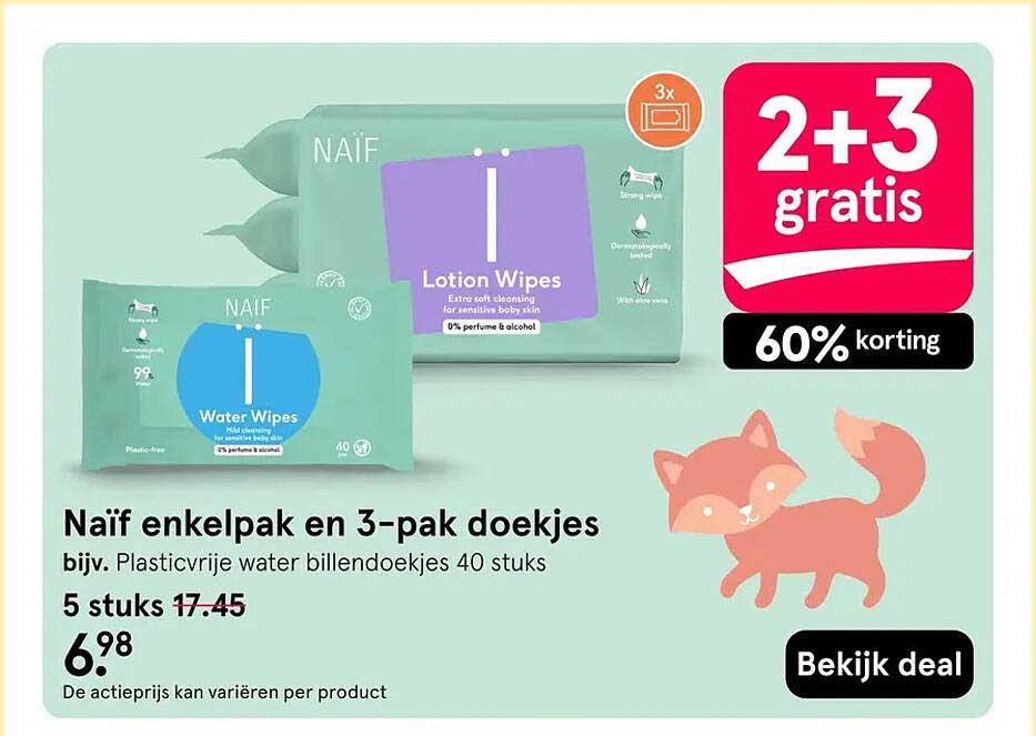 Naïf enkelpak en 3-pak doekjes 2+3 gratis 60% korting