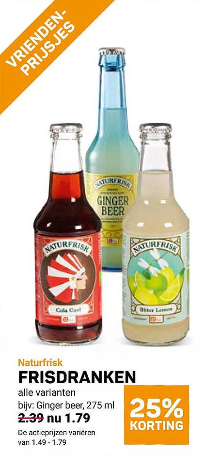 Naturfrisk FRISDRANKEN alle varianten, bijv: Ginger beer, 275 ml 25% KORTING
