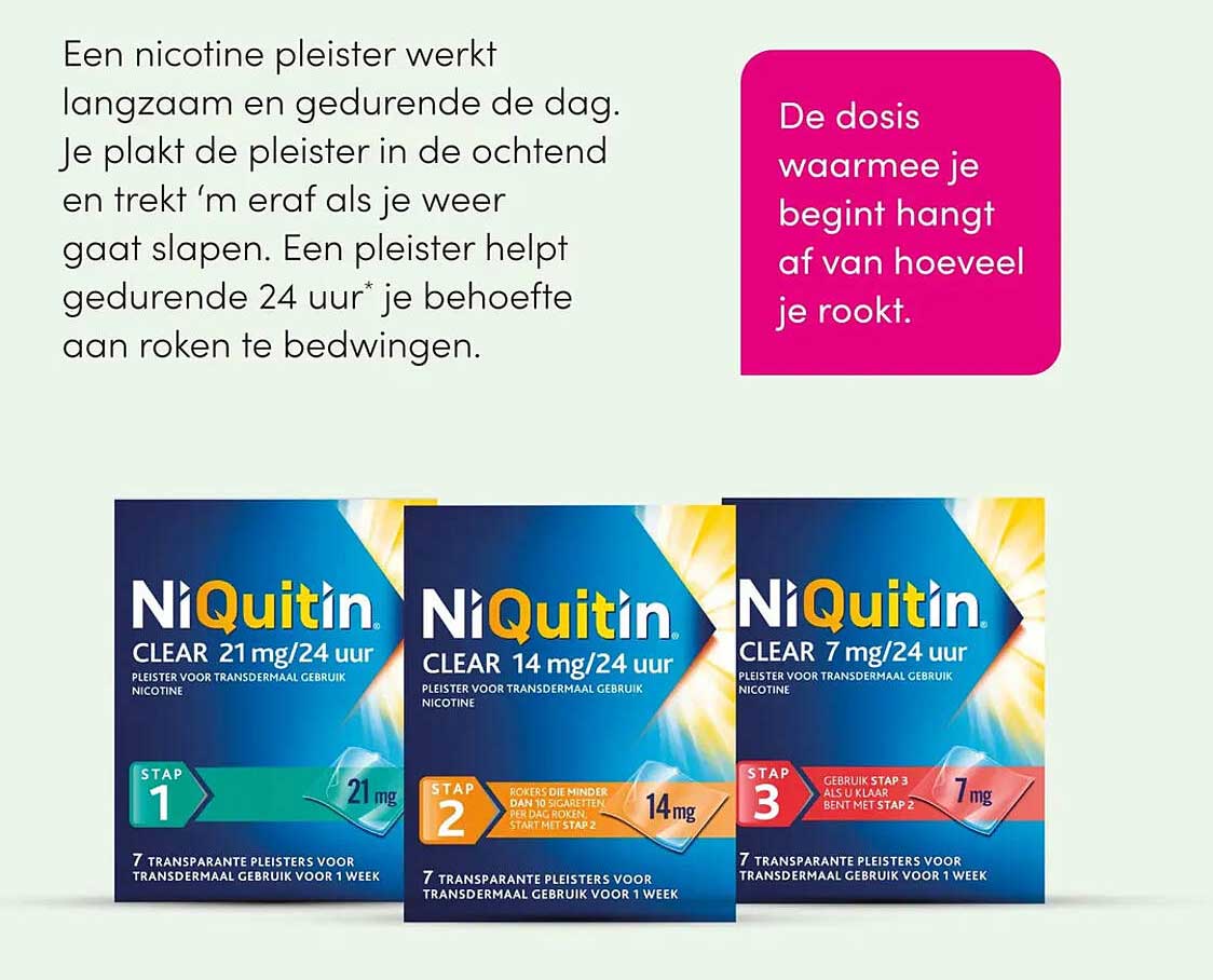 NiQuitin Clear 21 mg/24 uur, 14 mg/24 uur of 7 mg/24 uur