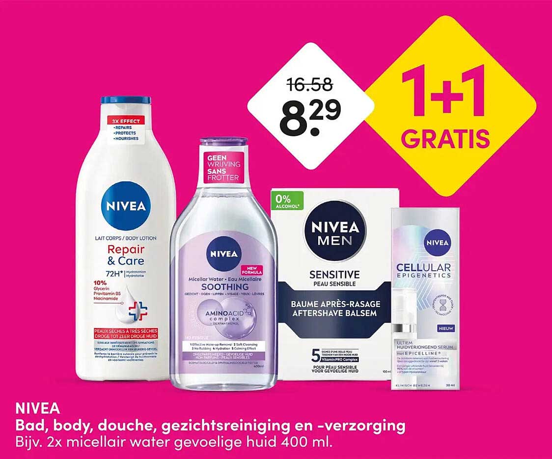 NIVEA Bad, body, douche, gezichtsreiniging en -verzorging 1+1 GRATIS