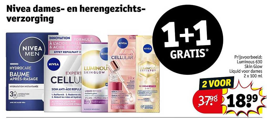 Nivea dames- en herengezichts-verzorging 1+1 gratis