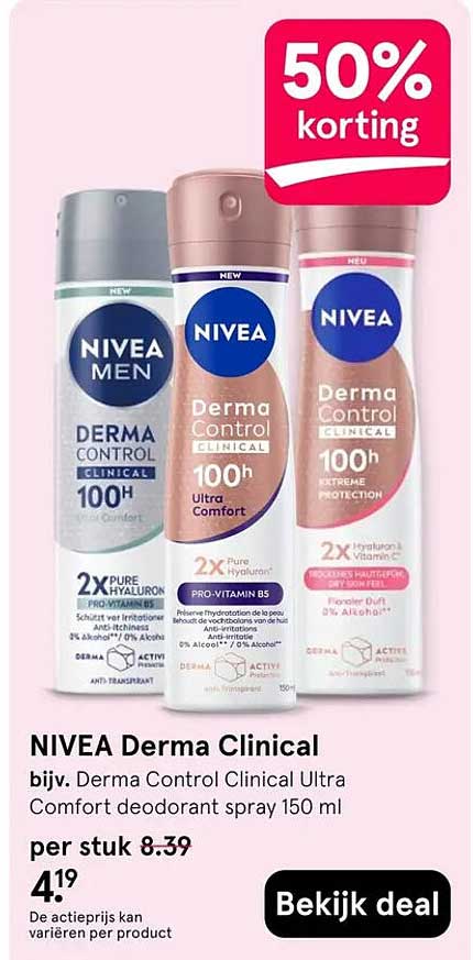 NIVEA Derma Clinical bijv. Derma Control Clinical Ultra Comfort deodorant spray 150 ml 50% korting