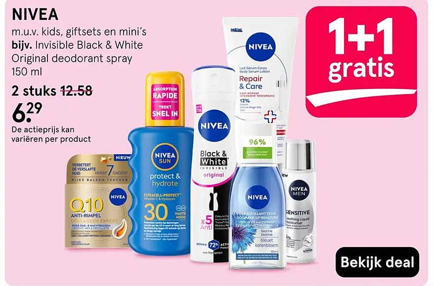 NIVEA m.u.v. kids, giftsets en mini’s bijv. Invisible Black & White Original deodorant spray 150 ml 1+1 gratis