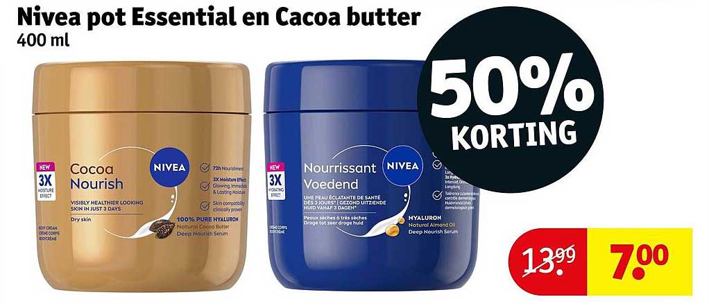 Nivea pot Essential en Cocoa butter 400 ml 50% KORTING