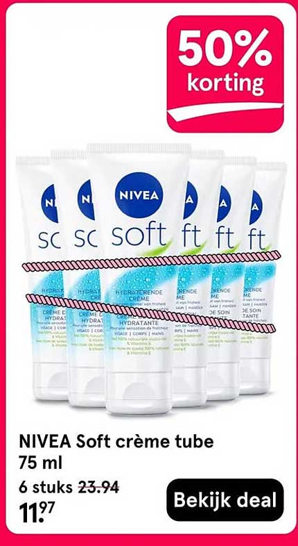 NIVEA Soft crème tube 75 ml 6 stuks 50% korting