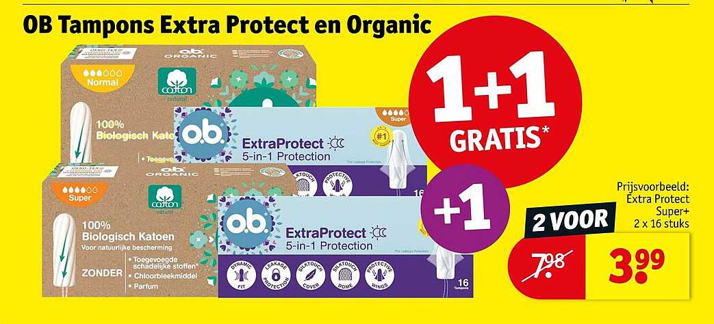 OB Tampons Extra Protect en Organic 1+1 GRATIS*