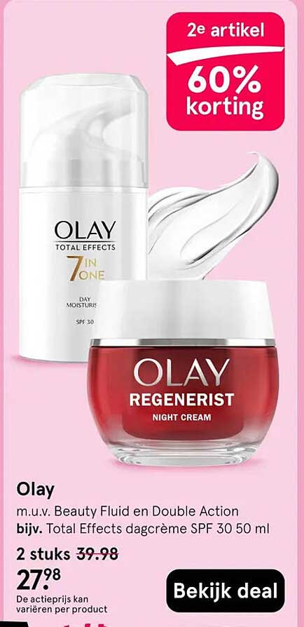 Olay m.u.v. Beauty Fluid en Double Action bijv. Total Effects dagcrème SPF 30 50 ml 2e artikel 60% korting