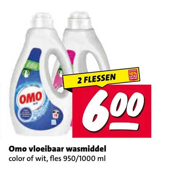 Omo vloeibaar wasmiddel color of wit, fles 950/1000 ml 2 flessen