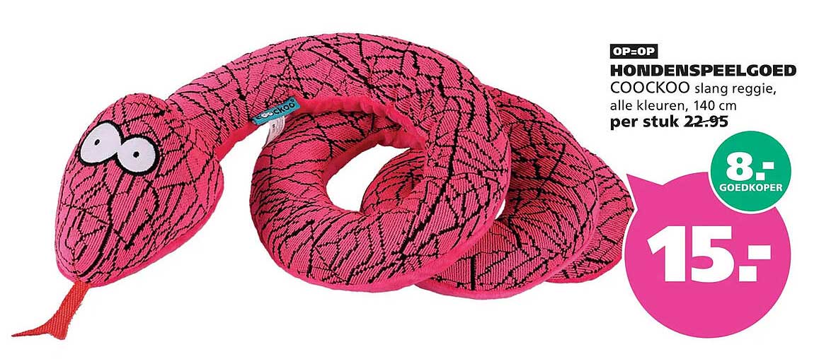 OP=OP HONDENSPEELGOED COCKOO slang reggie, alle kleuren, 140 cm per stuk 22.95