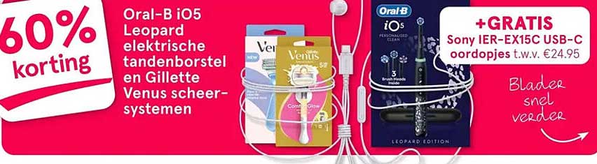 Oral-B iO5 Leopard elektrische tandenborstel en Gillette Venus scheersystemen +GRATIS Sony IER-EX15C USB-C oordopjes t.w.v. €24.95