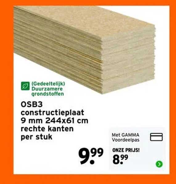 OSB3 constructieplaat 9 mm 244x61 cm rechte kanten per stuk