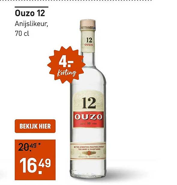 Ouzo 12 Anijslikeur, 70 cl 4,- korting