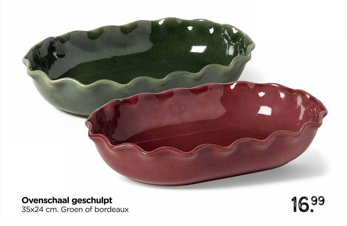 Ovenschaal geschulpt 35x24 cm. Groen of bordeaux