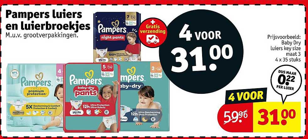 Pampers luiers en luierbroekjes M.u.v. grootverpakkingen. 4 voor 31.00