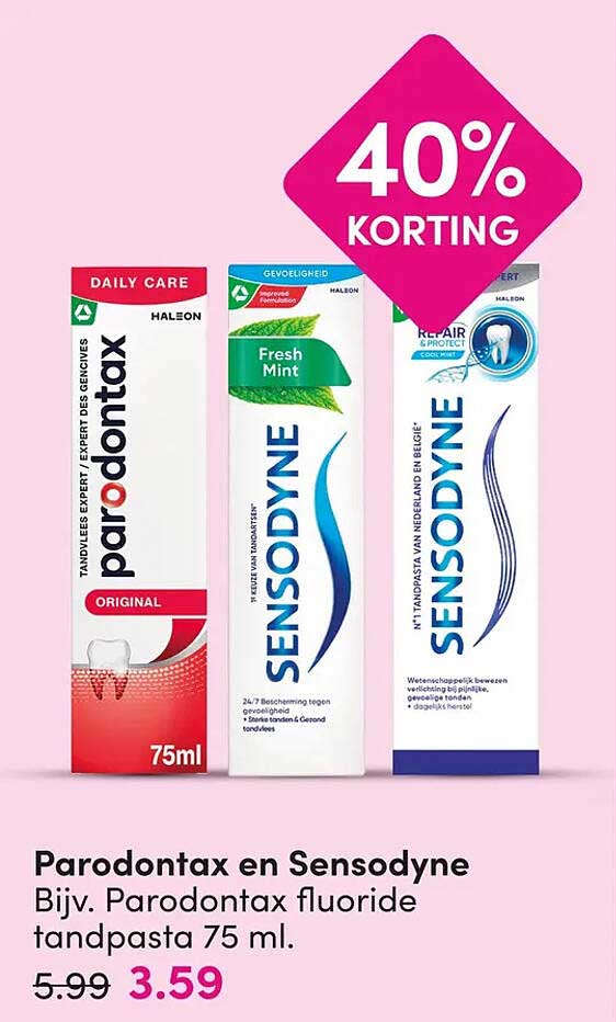 Parodontax en Sensodyne Bijv. Parodontax fluoride tandpasta 75 ml. 40% KORTING