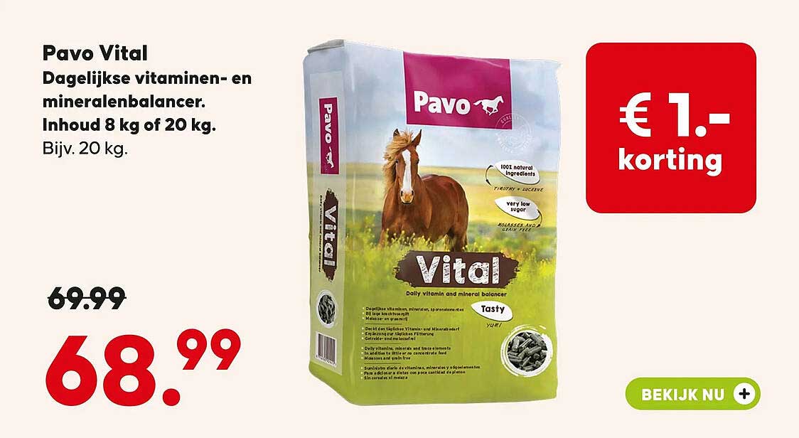Pavo Vital Dagelijkse vitaminen- en mineralenbalancer. Inhoud 8 kg of 20 kg. Bijv. 20 kg.