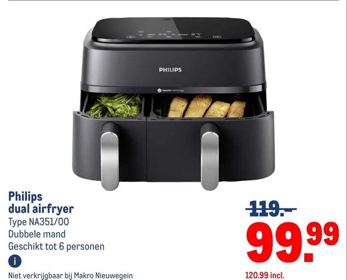 Philips dual airfryer Type NA351/00 Dubbele mand Geschikt tot 6 personen