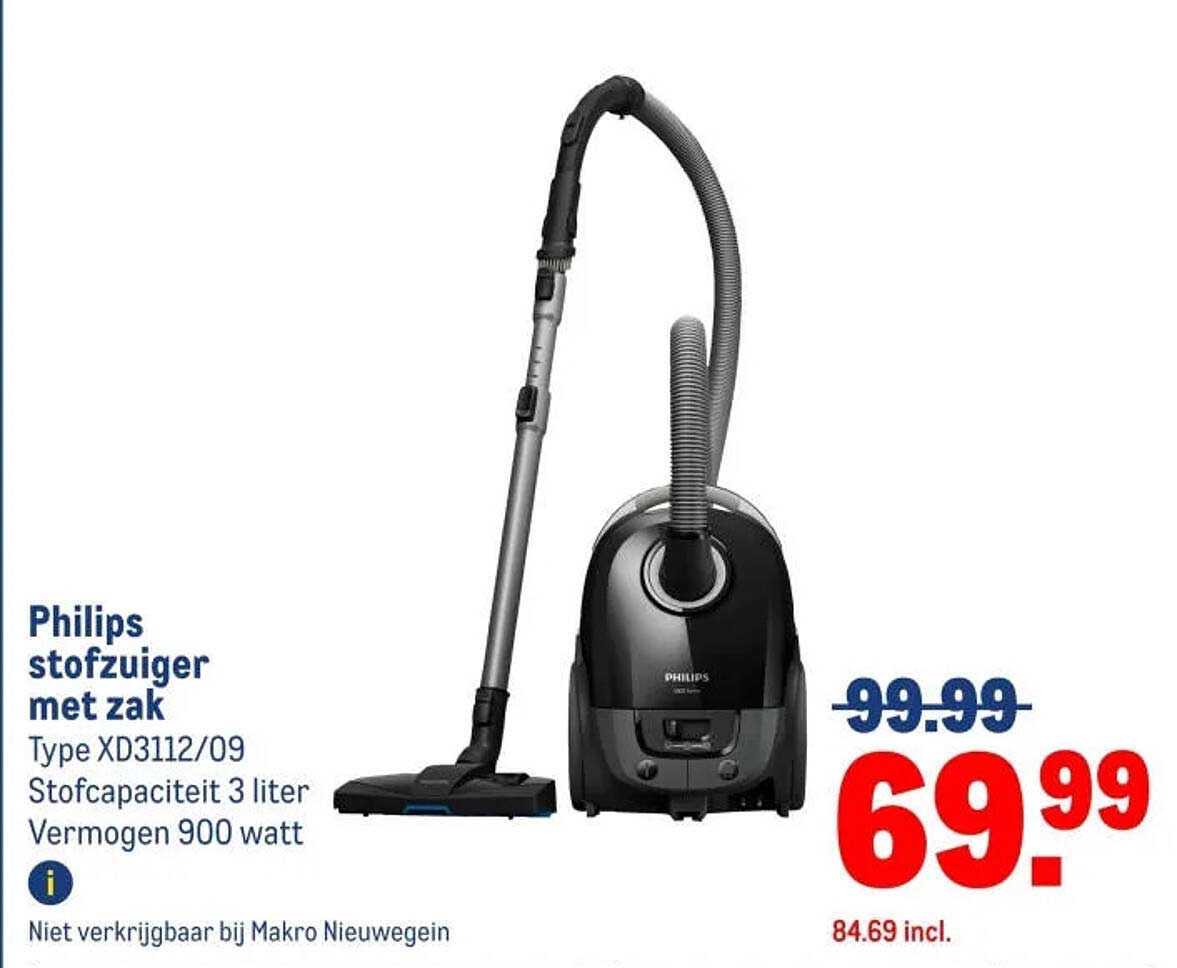 Philips stofzuiger met zak Type XD3112/09 Stofcapaciteit 3 liter Vermogen 900 watt