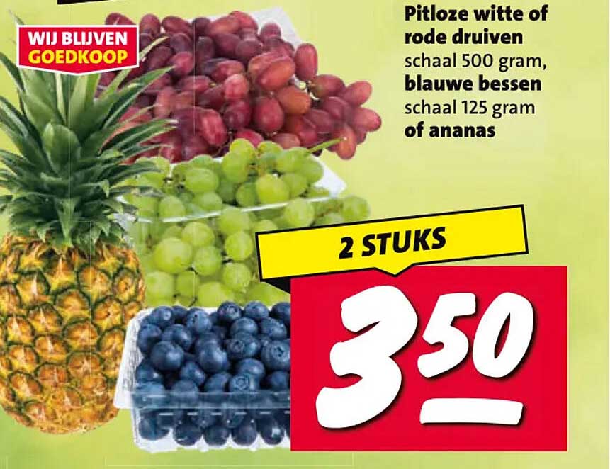 Pitloze witte of rode druiven schaal 500 gram, blauwe bessen schaal 125 gram of ananas 2 STUKS
