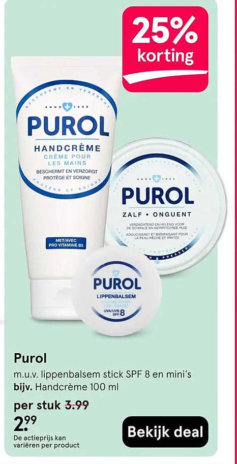 Purol m.u.v. lippenbalsem stick SPF 8 en mini’s bijv. Handcrème 100 ml 25% korting