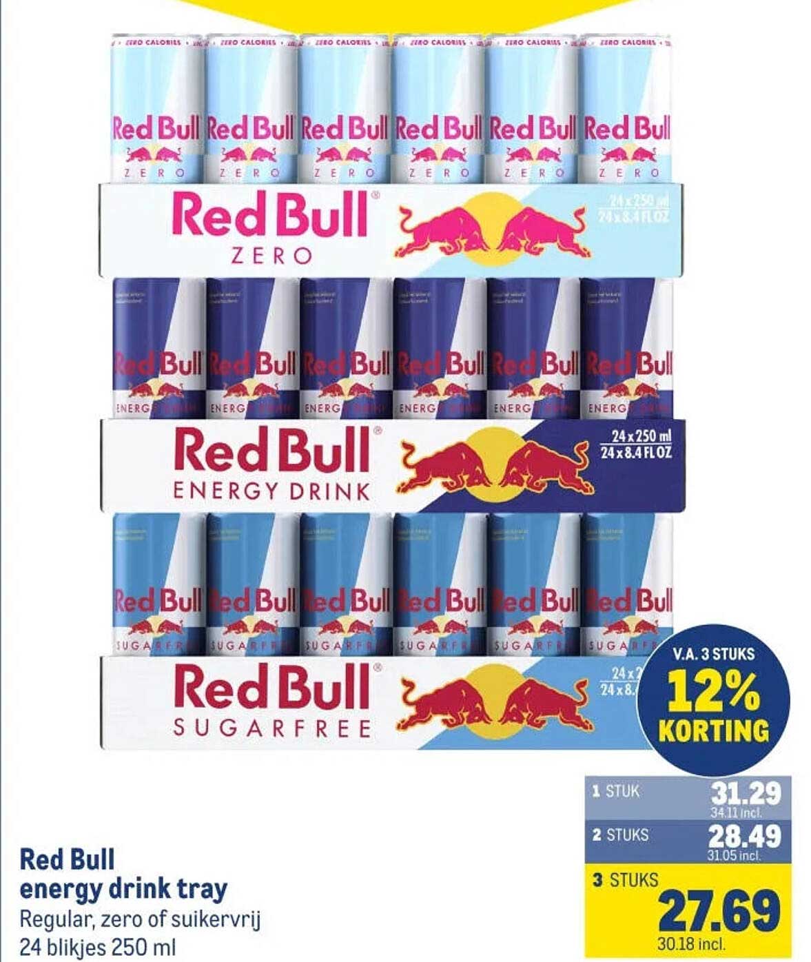 Red Bull energy drink tray Regular, zero of suikervrij 24 blikjes 250 ml V.A. 3 STUKS 12% KORTING