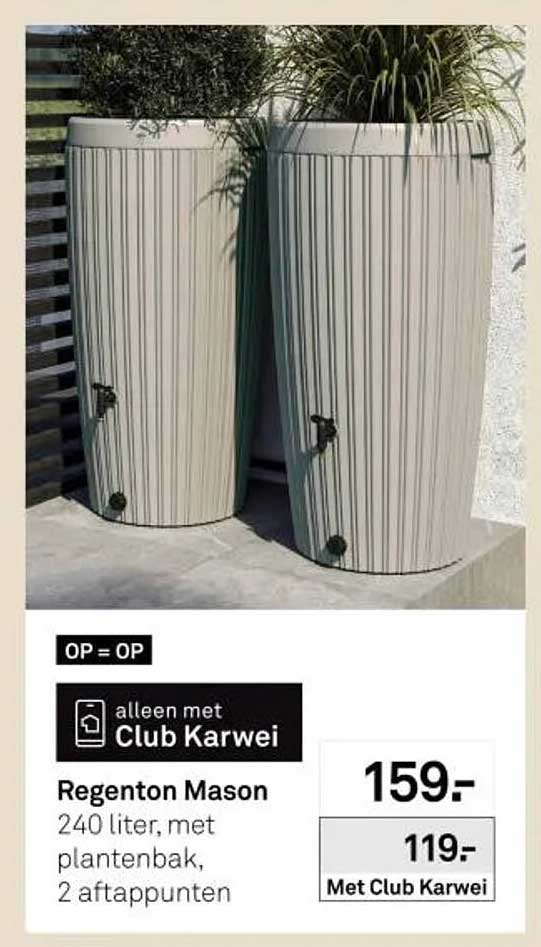 Regenton Mason 240 liter, met plantenbak, 2 aftappunten
