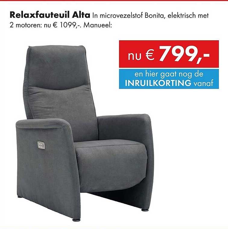 Relaxfauteuil Alta In microvezelstof Bonita, elektrisch met 2 motoren: nu € 1099,-. Manueel: