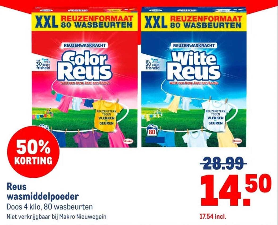 Reus wasmiddelpoeder Doos 4 kilo, 80 wasbeurten 50% korting
