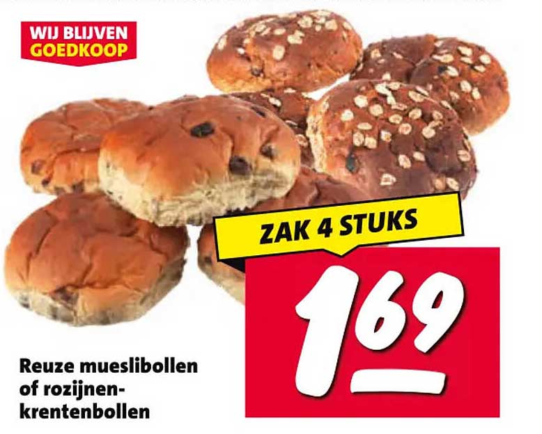 Reuze mueslibollen of rozijnen-krentenbollen ZAK 4 STUKS