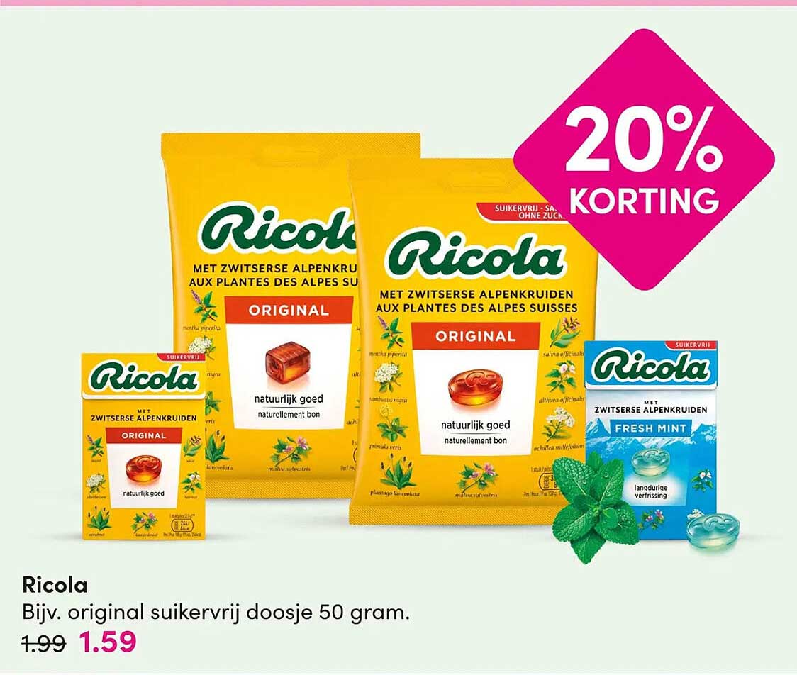 Ricola Bijv. original suikervrij doosje 50 gram 20% KORTING