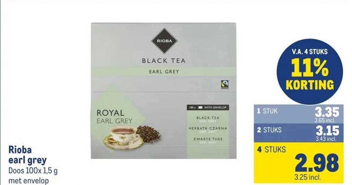 Rioba earl grey Doos 100x 1,5 g met envelop V.A. 4 STUKS 11% KORTING