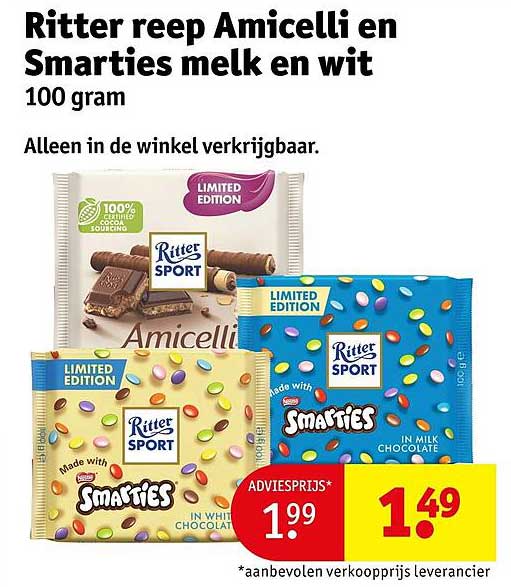 Ritter reep Amicelli en Smarties melk en wit 100 gram