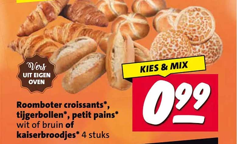 Roomboter croissants*, tijgerbollen*, petit pains* wit of bruin of kaiserbroodjes* 4 stuks KIES & MIX