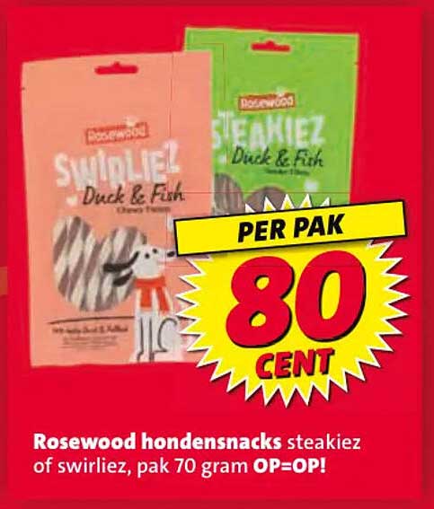 Rosewood hondensnacks steakiez of swirliez, pak 70 gram OP=OP! PER PAK 80 CENT