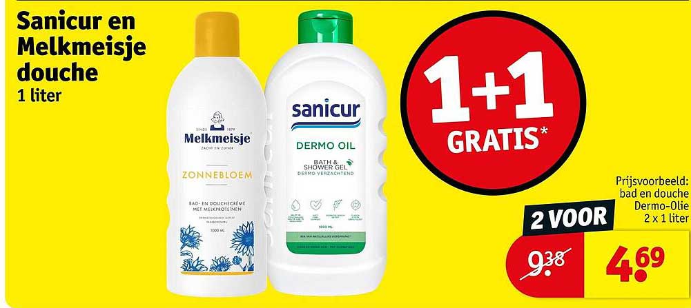 Sanicur en Melkmeisje douche 1 liter 1+1 gratis