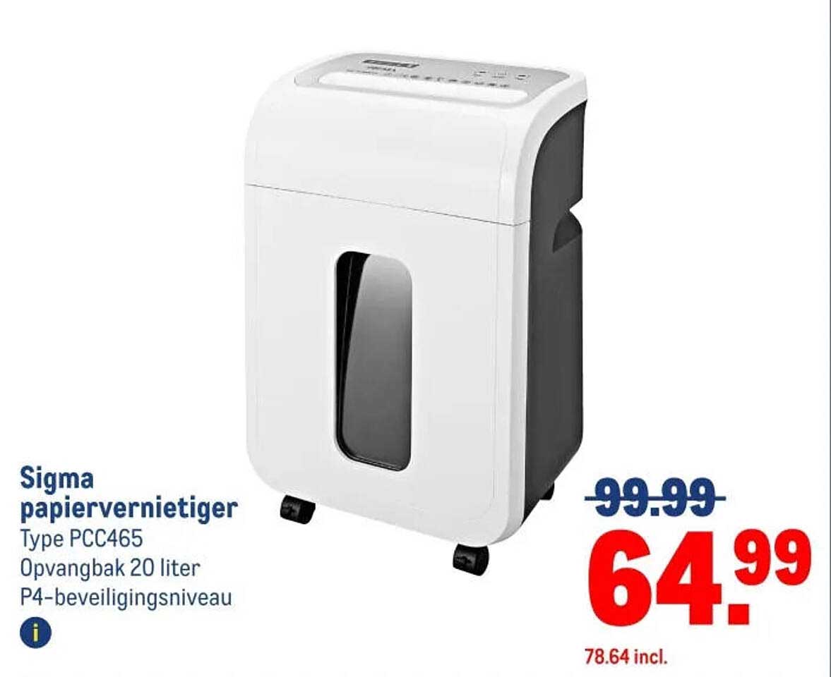 Sigma papiervernietiger Type PCC465 Opvangbak 20 liter P4-beveiligingsniveau