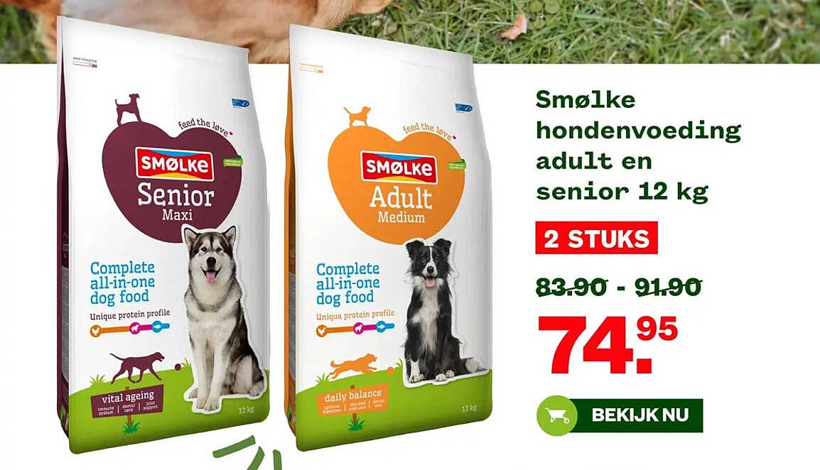 Smølke hondenvoeding adult en senior 12 kg 2 STUKS