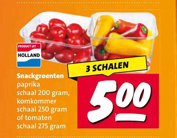 Snackgroenten paprika schaal 200 gram, komkommer schaal 250 gram of tomaten schaal 275 gram 3 SCHALEN