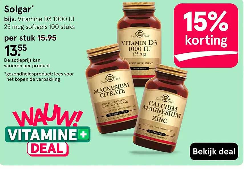 Solgar* bijv. Vitamine D3 1000 IU 25 mcg softgels 100 stuks 15% korting