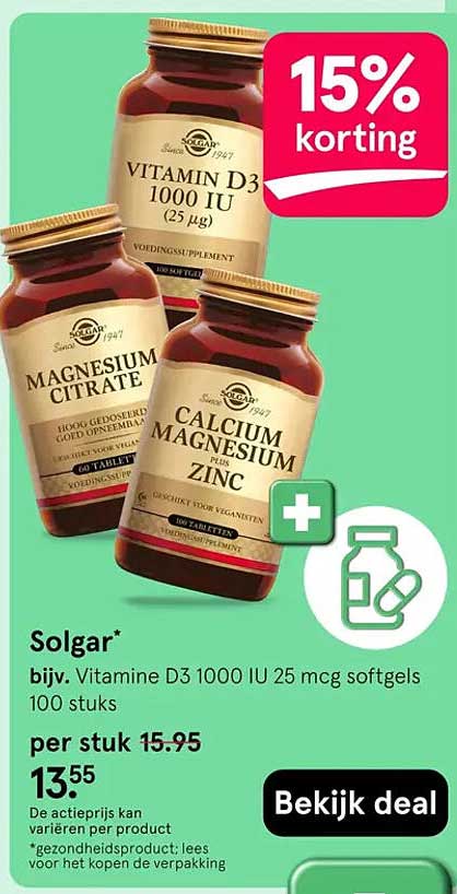 Solgar* bijv. Vitamine D3 1000 IU 25 mcg softgels 100 stuks 15% korting