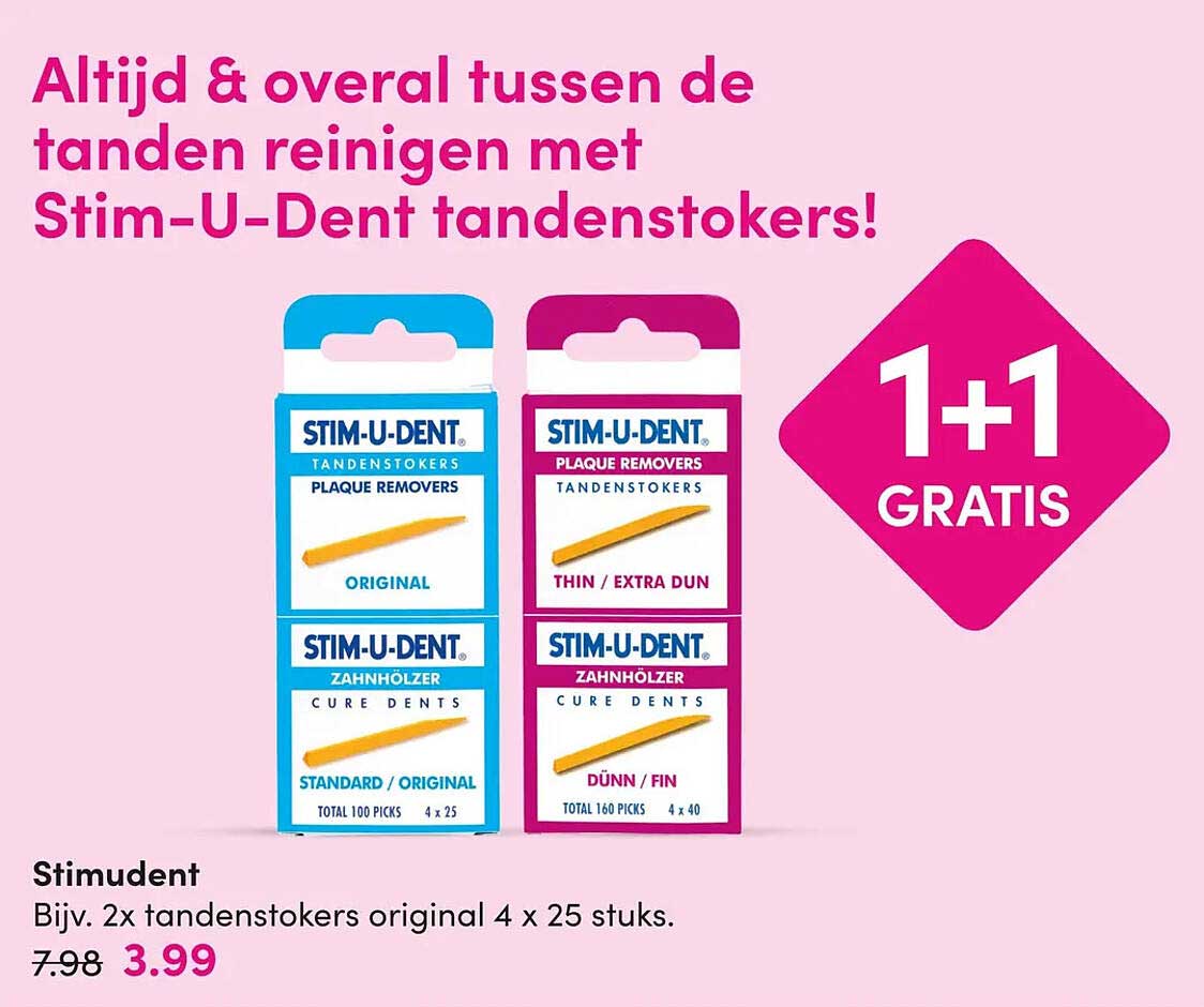 Stimudent Biijv. 2x tandenstokers original 4 x 25 stuks. 1+1 gratis