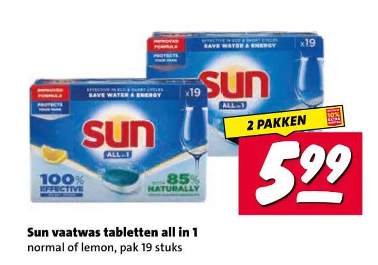 Sun vaatwas tabletten all in 1 normal of lemon, pak 19 stuks 2 pakken