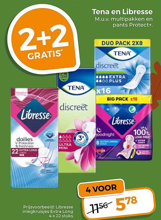 Tena en Libresse M.u.v. multipakken en pants Protect+. 2+2 gratis