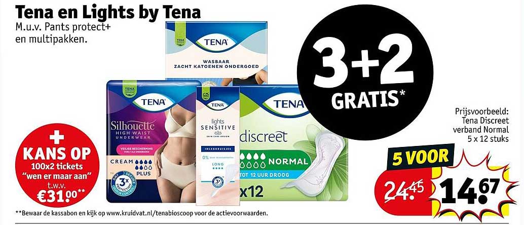 Tena en Lights by Tena M.u.v. Pants protect+ en multipakken. 3+2 GRATIS*
