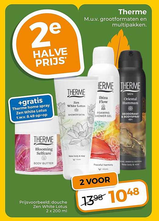 Therme 2e halve prijs +gratis Therme home spray Zen White Lotus t.w.v. 8.49 op=op
