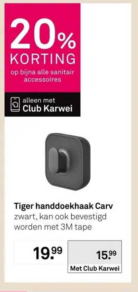Tiger handdoekhaak Carv zwart, kan ook bevestigd worden met 3M tape 20% korting op bijna alle sanitair accessoires alleen met Club Karwei