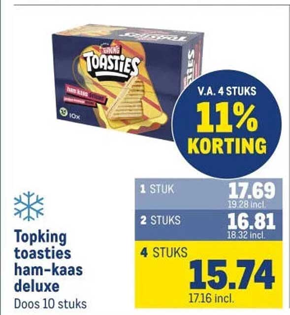 Topking toasties ham-kaas deluxe Doos 10 stuks V.A. 4 STUKS 11% KORTING