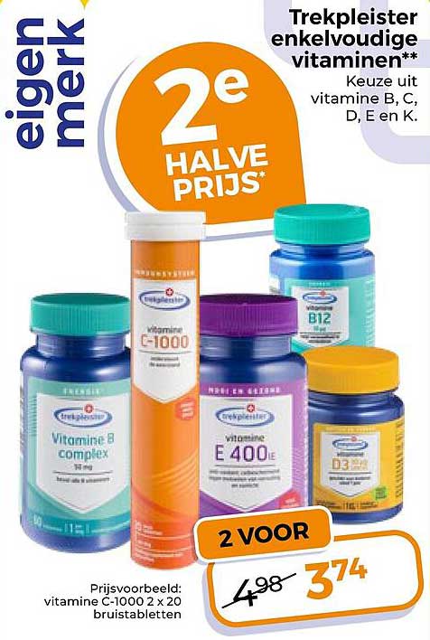 Trekpleister enkelvoudige vitaminen 2e halve prijs